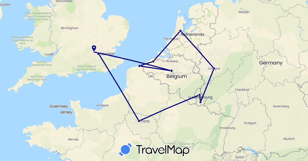 TravelMap itinerary: driving in Belgium, Germany, France, United Kingdom, Luxembourg, Netherlands (Europe)