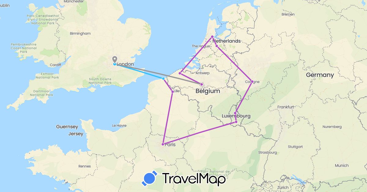 TravelMap itinerary: driving, plane, train, boat in Belgium, Germany, France, United Kingdom, Luxembourg, Netherlands (Europe)